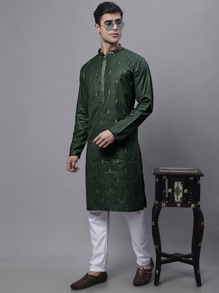 Jompers Men's Olive Green Embroidered Straight Kurta Pyjama Set - Distacart