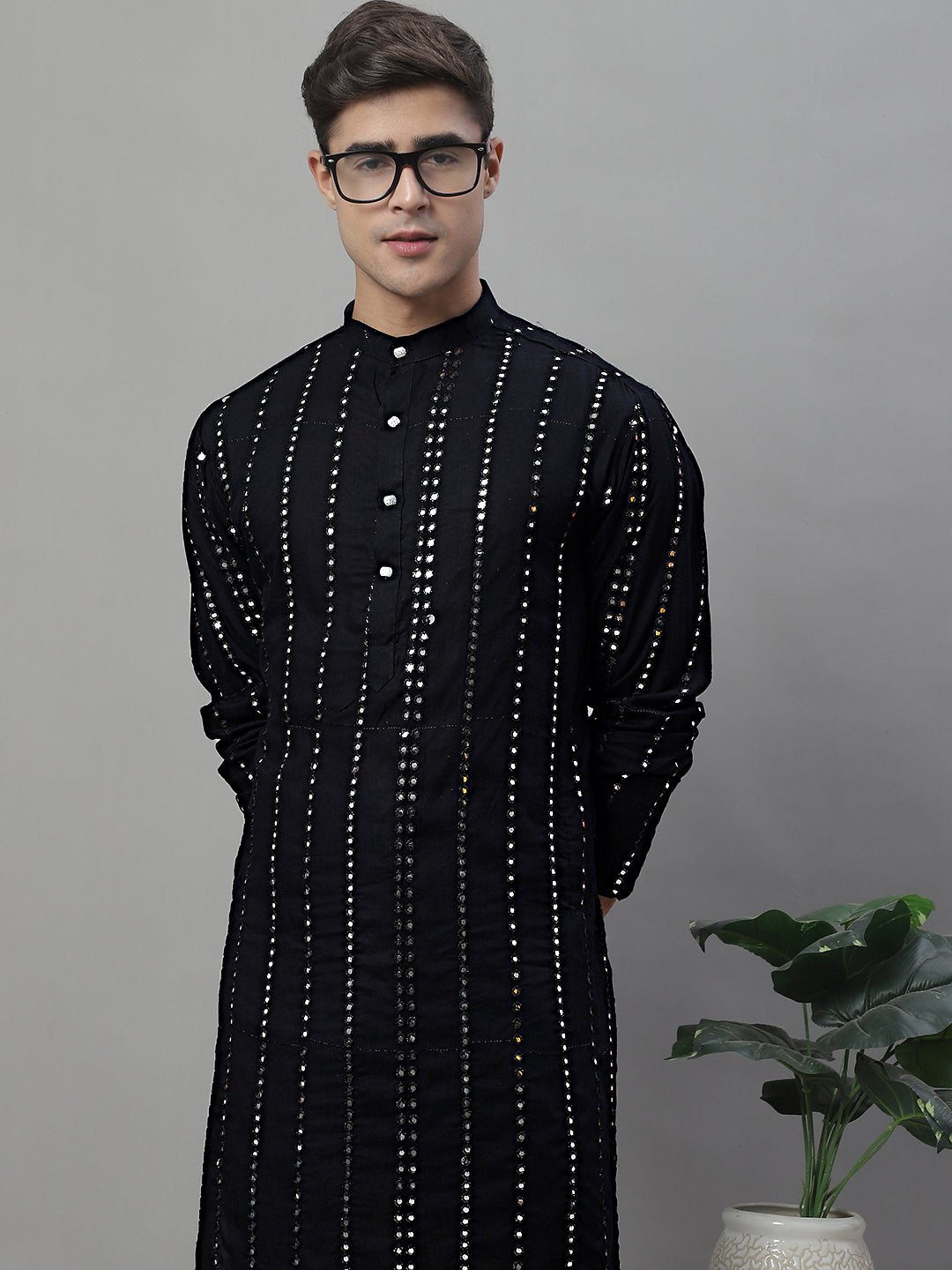 Jompers Men's Embroidered Mirror Work Kurta - Black - Distacart