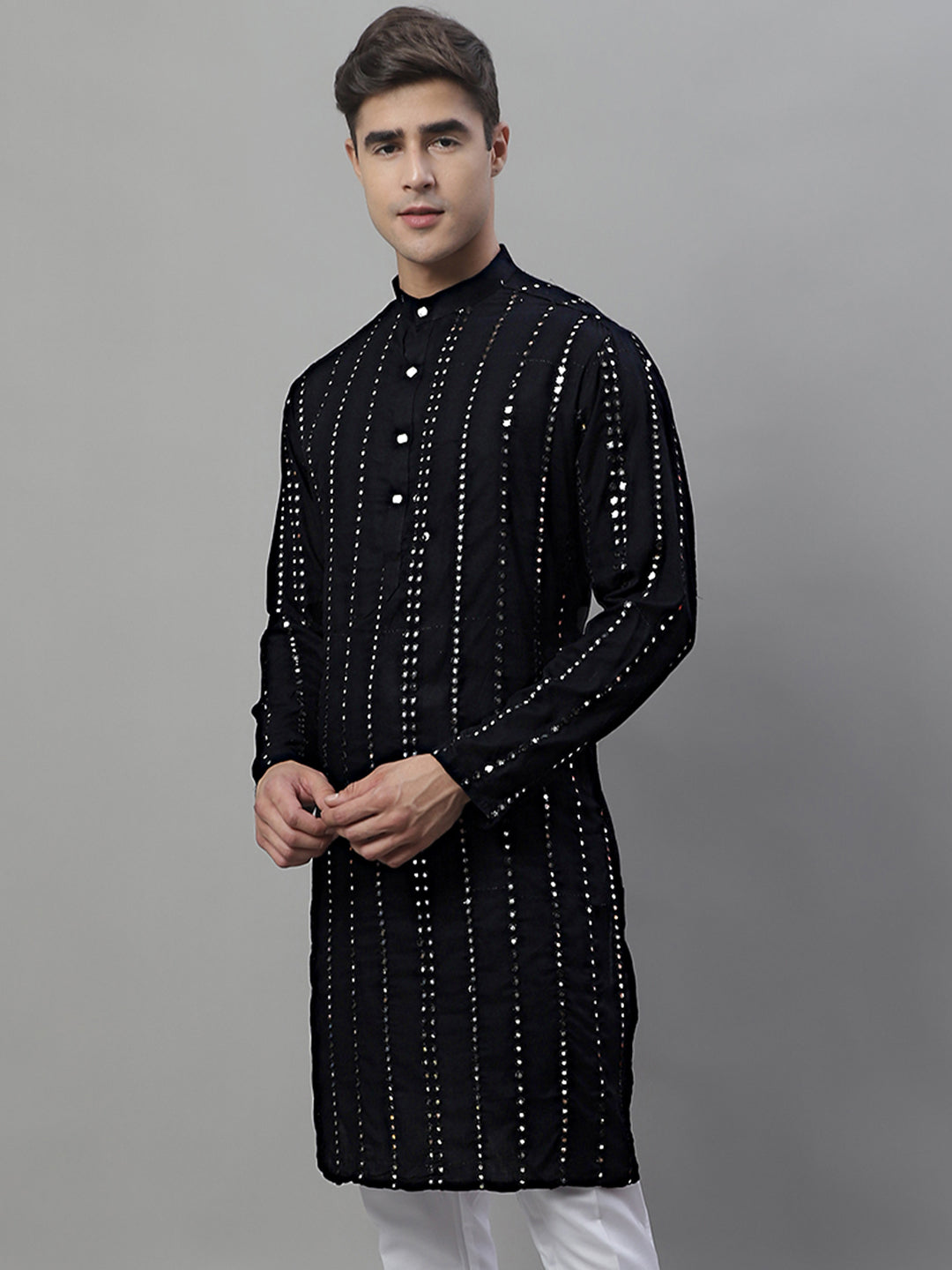 Jompers Men's Embroidered Mirror Work Kurta - Black - Distacart