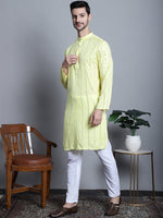 Thumbnail for Jompers Men's Embroidered Mirror Work Kurta Payjama Sets - Lemon - Distacart