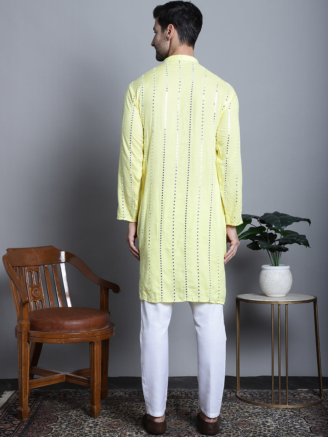 Jompers Men's Embroidered Mirror Work Kurta Payjama Sets - Lemon - Distacart