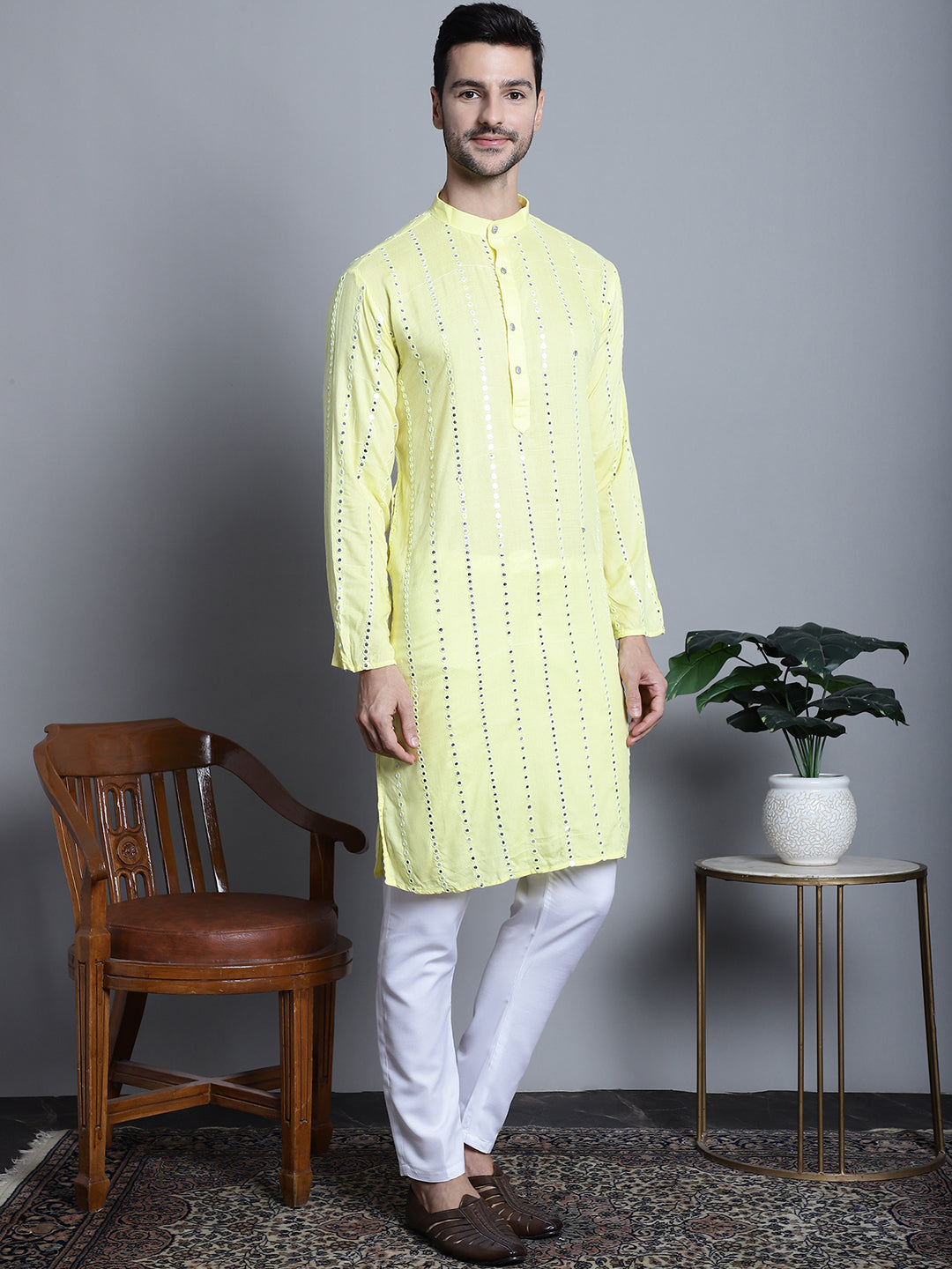 Jompers Men's Embroidered Mirror Work Kurta Payjama Sets - Lemon - Distacart