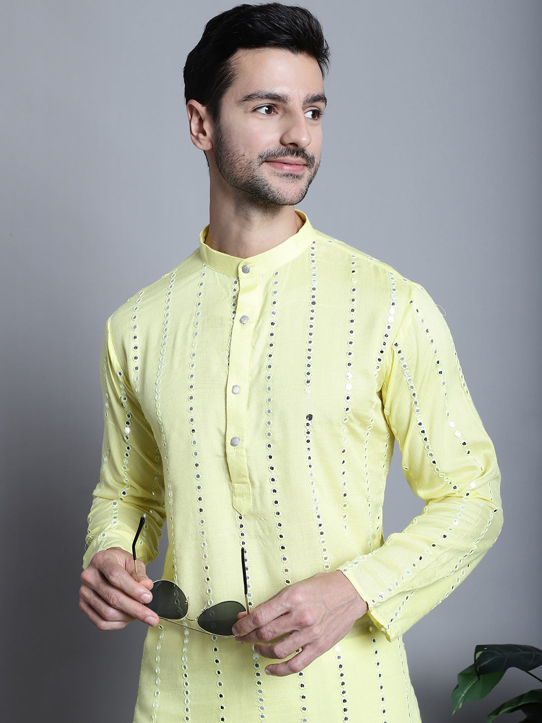 Jompers Men's Embroidered Mirror Work Kurta Payjama Sets - Lemon - Distacart