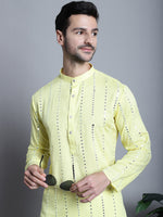 Thumbnail for Jompers Men's Embroidered Mirror Work Kurta Payjama Sets - Lemon - Distacart