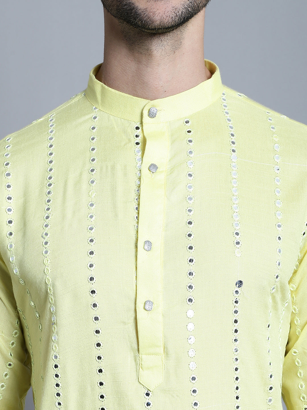 Jompers Men's Embroidered Mirror Work Kurta Payjama Sets - Lemon - Distacart