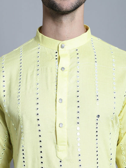 Jompers Men's Embroidered Mirror Work Kurta Payjama Sets - Lemon - Distacart