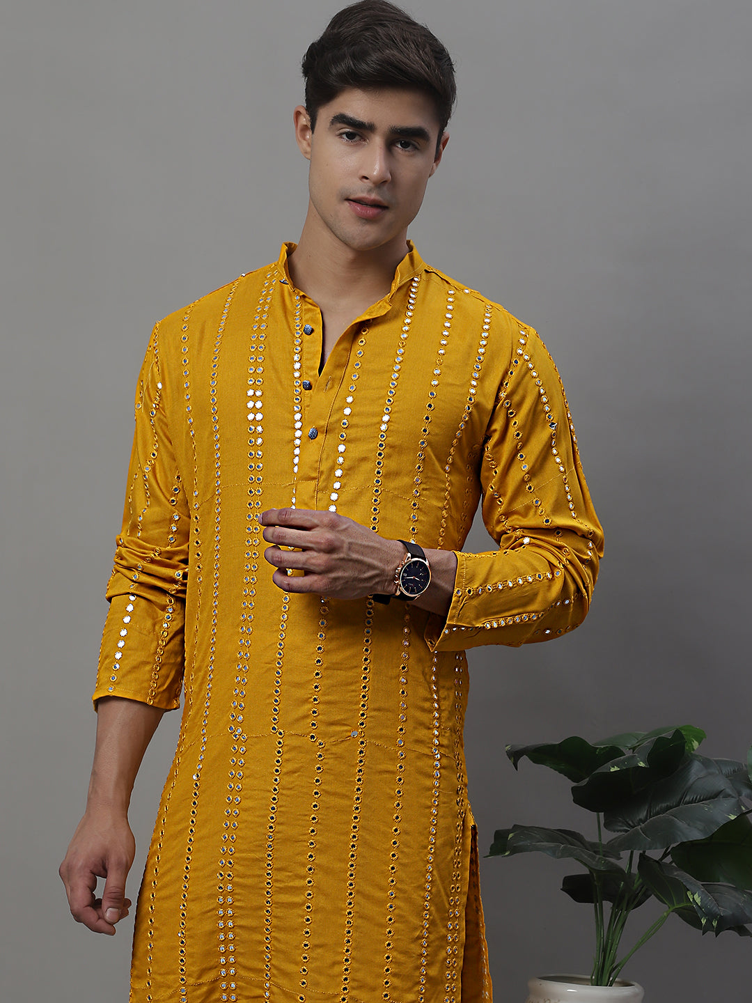 Jompers Men's Embroidered Mirror Work Kurta - Mustard - Distacart