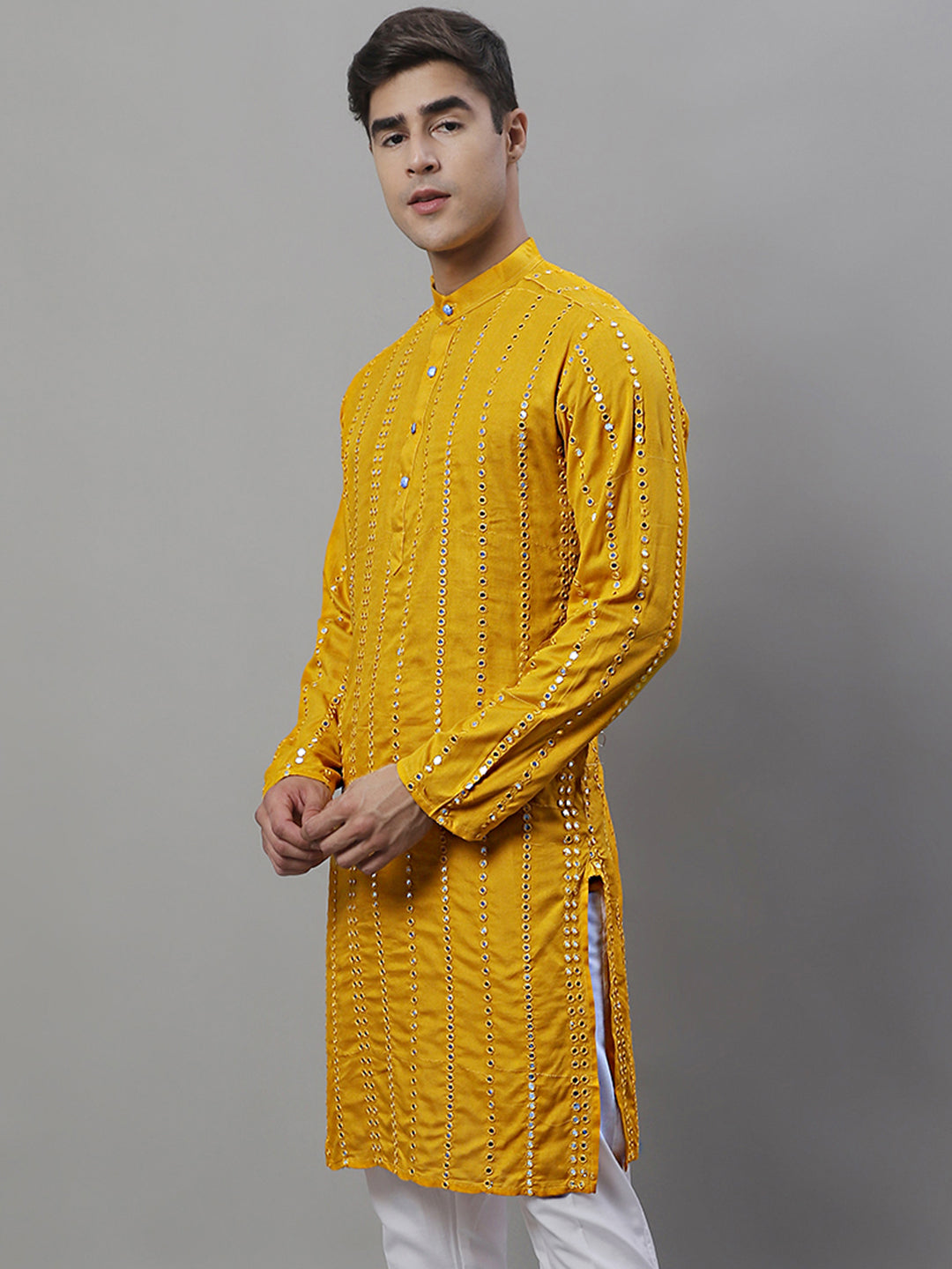 Jompers Men's Embroidered Mirror Work Kurta - Mustard - Distacart