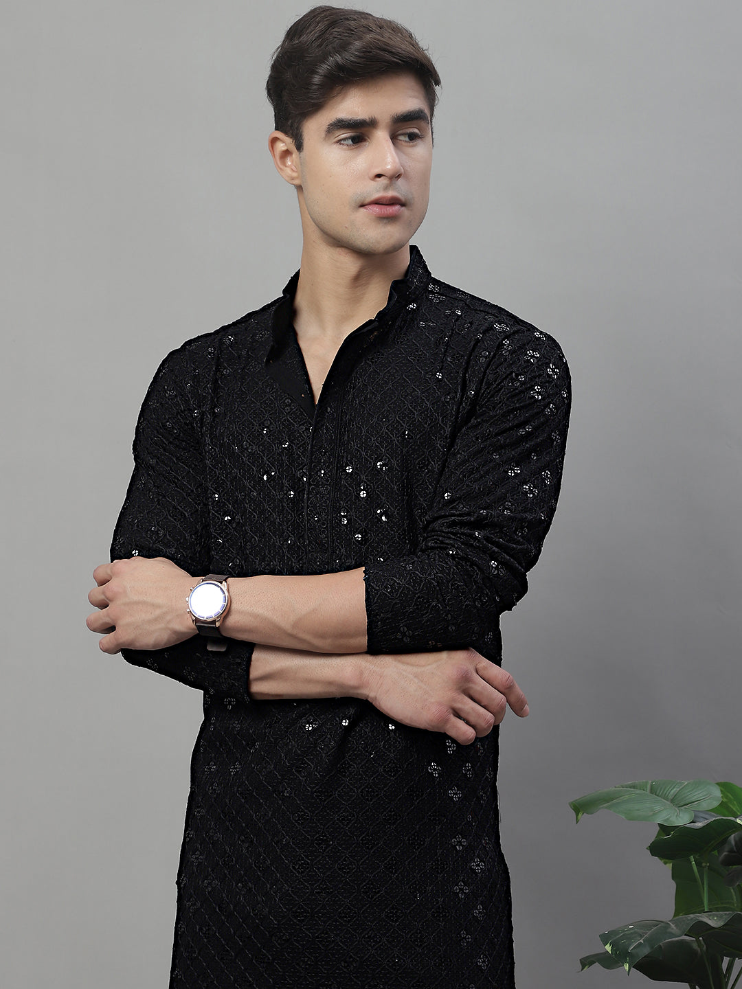 Jompers Men's Black Chikankari Embroidered and Sequence Kurta - Distacart