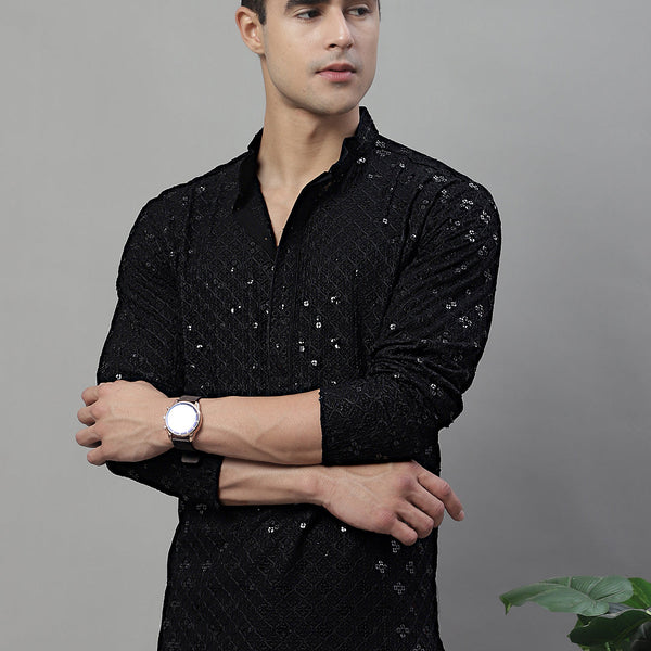 Jompers Men's Black Chikankari Embroidered and Sequence Kurta - Distacart