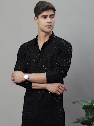 Jompers Men's Black Chikankari Embroidered and Sequence Kurta - Distacart