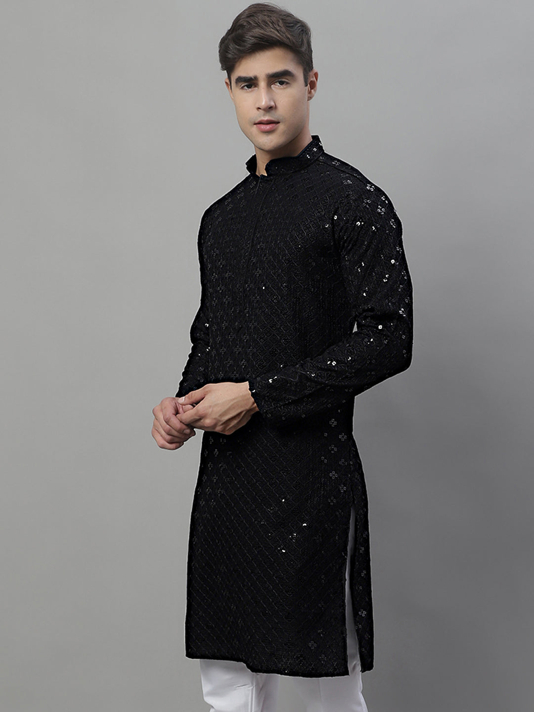 Jompers Men's Black Chikankari Embroidered and Sequence Kurta - Distacart