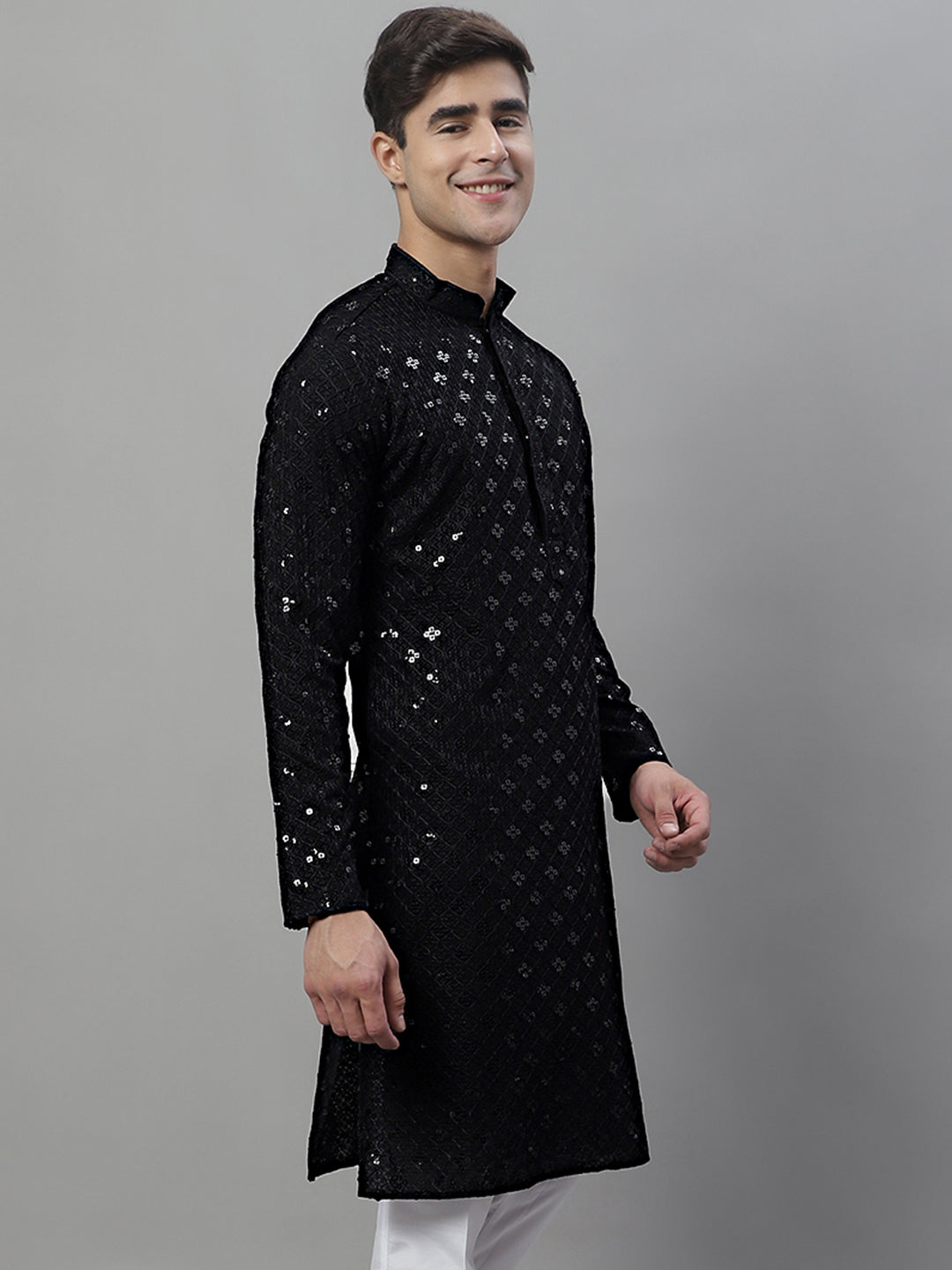 Jompers Men's Black Chikankari Embroidered and Sequence Kurta - Distacart