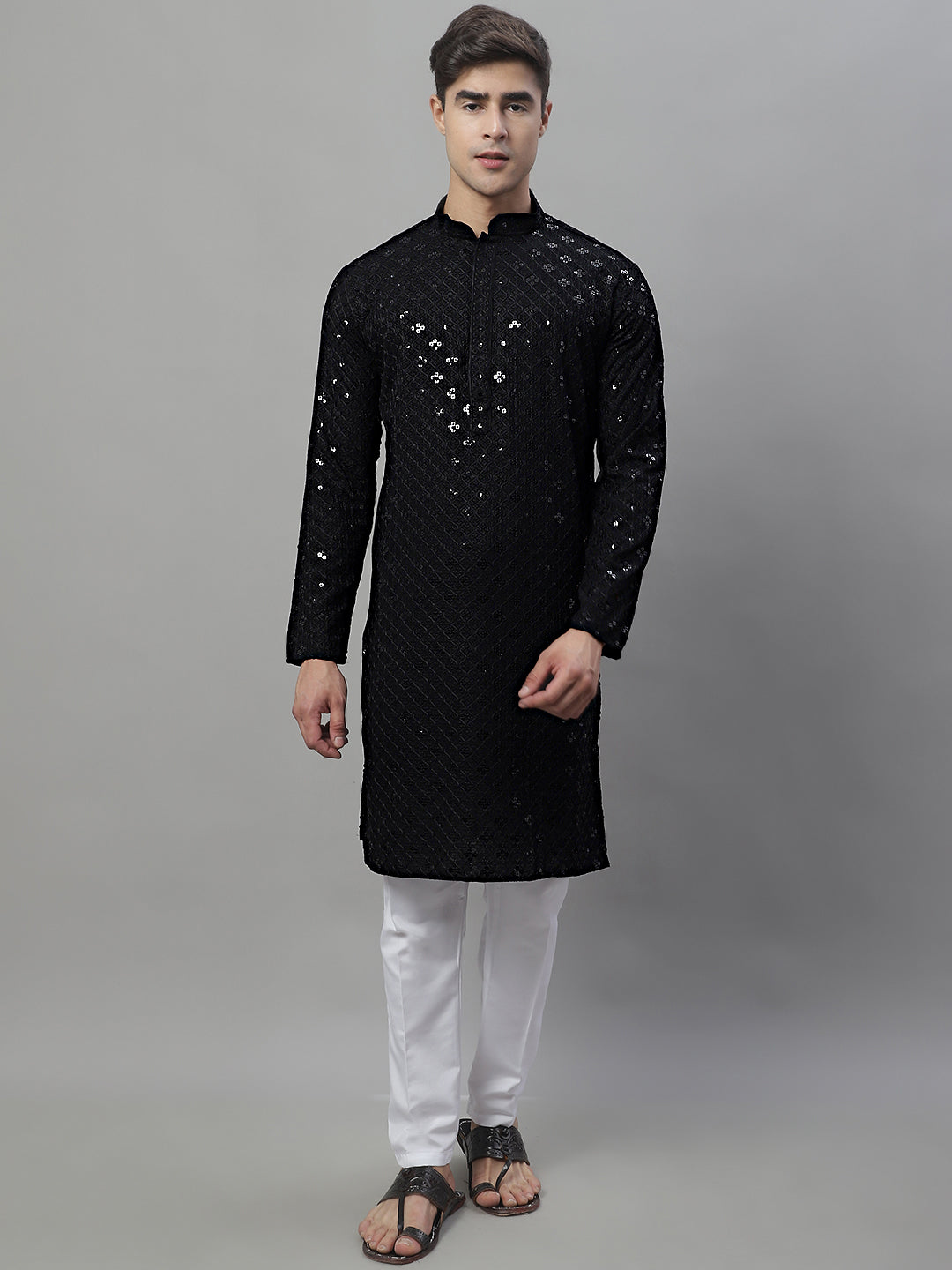 Jompers Men's Black Chikankari Embroidered and Sequence Kurta - Distacart