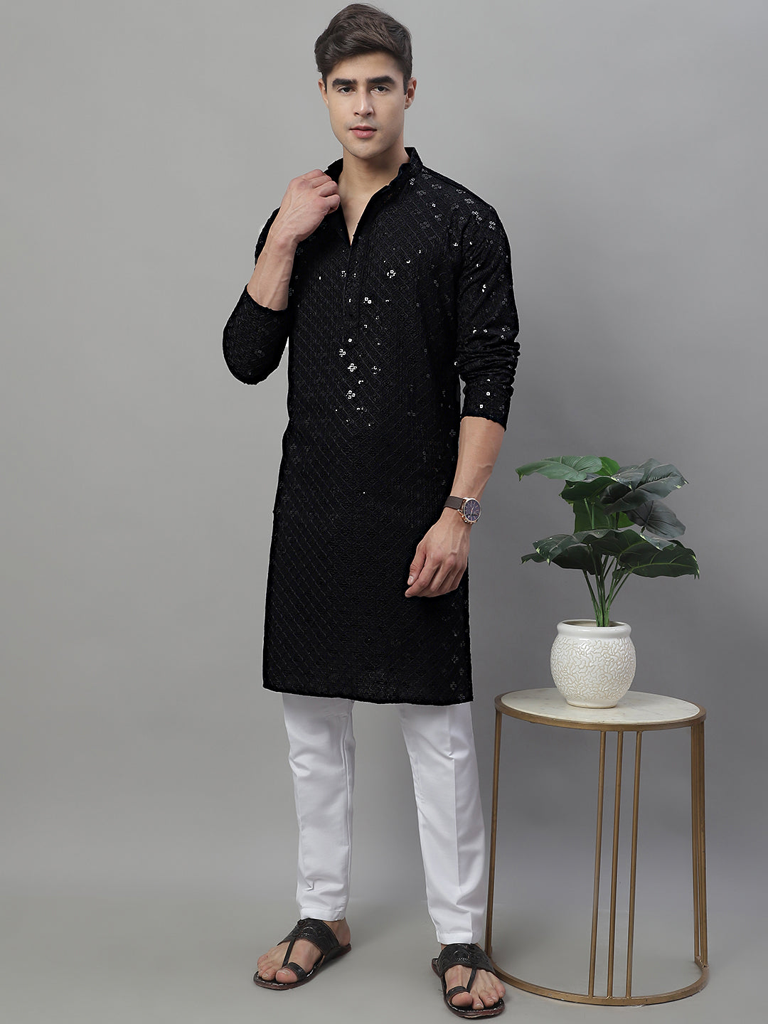 Jompers Men's Black Chikankari Embroidered and Sequence Kurta - Distacart