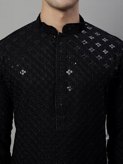 Jompers Men's Black Chikankari Embroidered and Sequence Kurta - Distacart