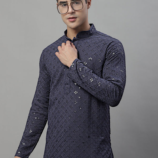 Jompers Men's Grey Chikankari Embroidered and Sequence Kurta - Distacart