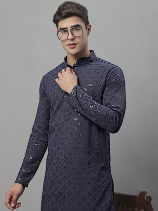 Jompers Men's Grey Chikankari Embroidered and Sequence Kurta - Distacart