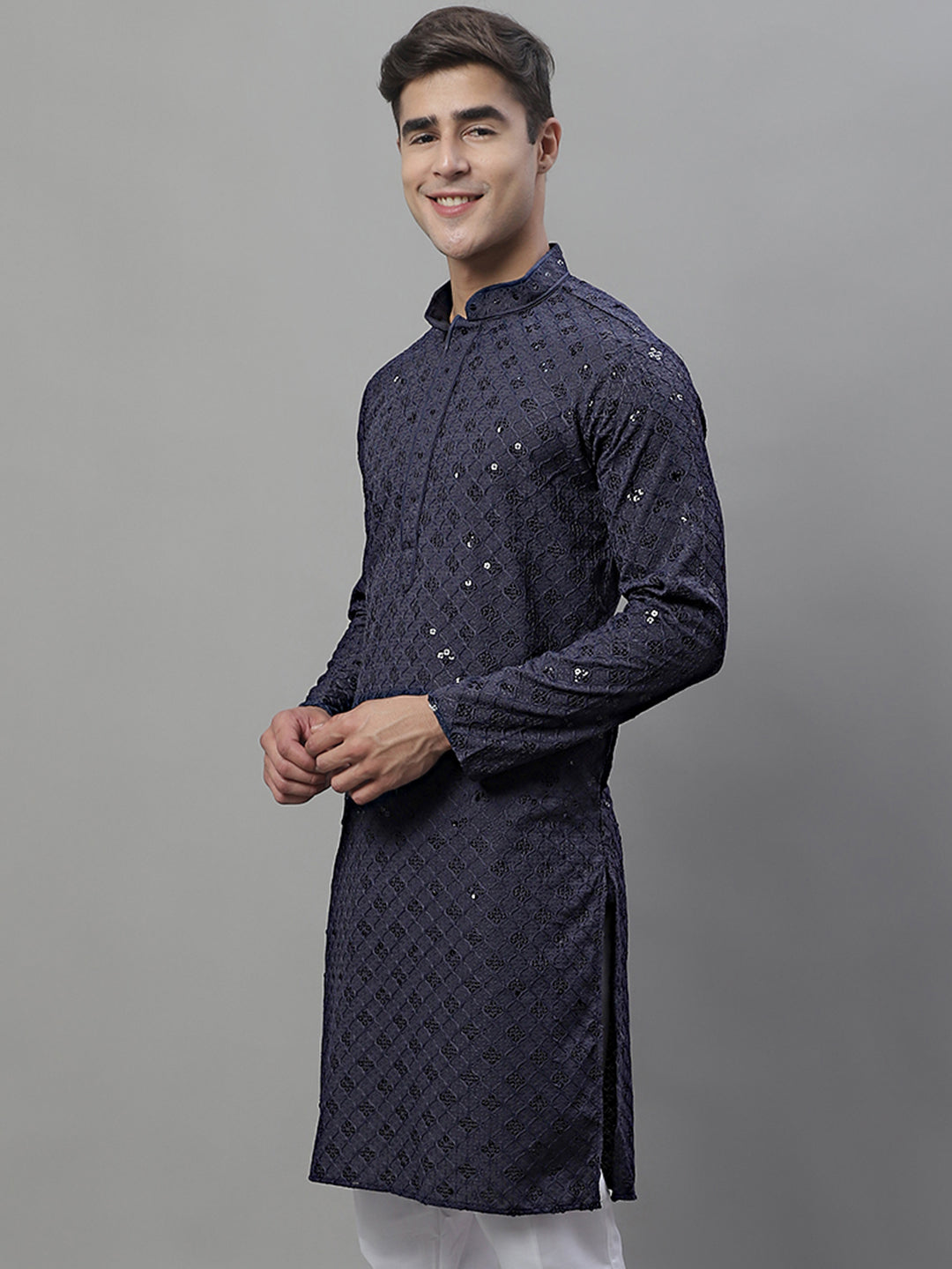 Jompers Men's Grey Chikankari Embroidered and Sequence Kurta - Distacart