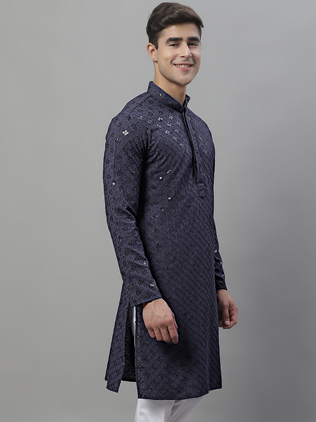 Jompers Men's Grey Chikankari Embroidered and Sequence Kurta - Distacart