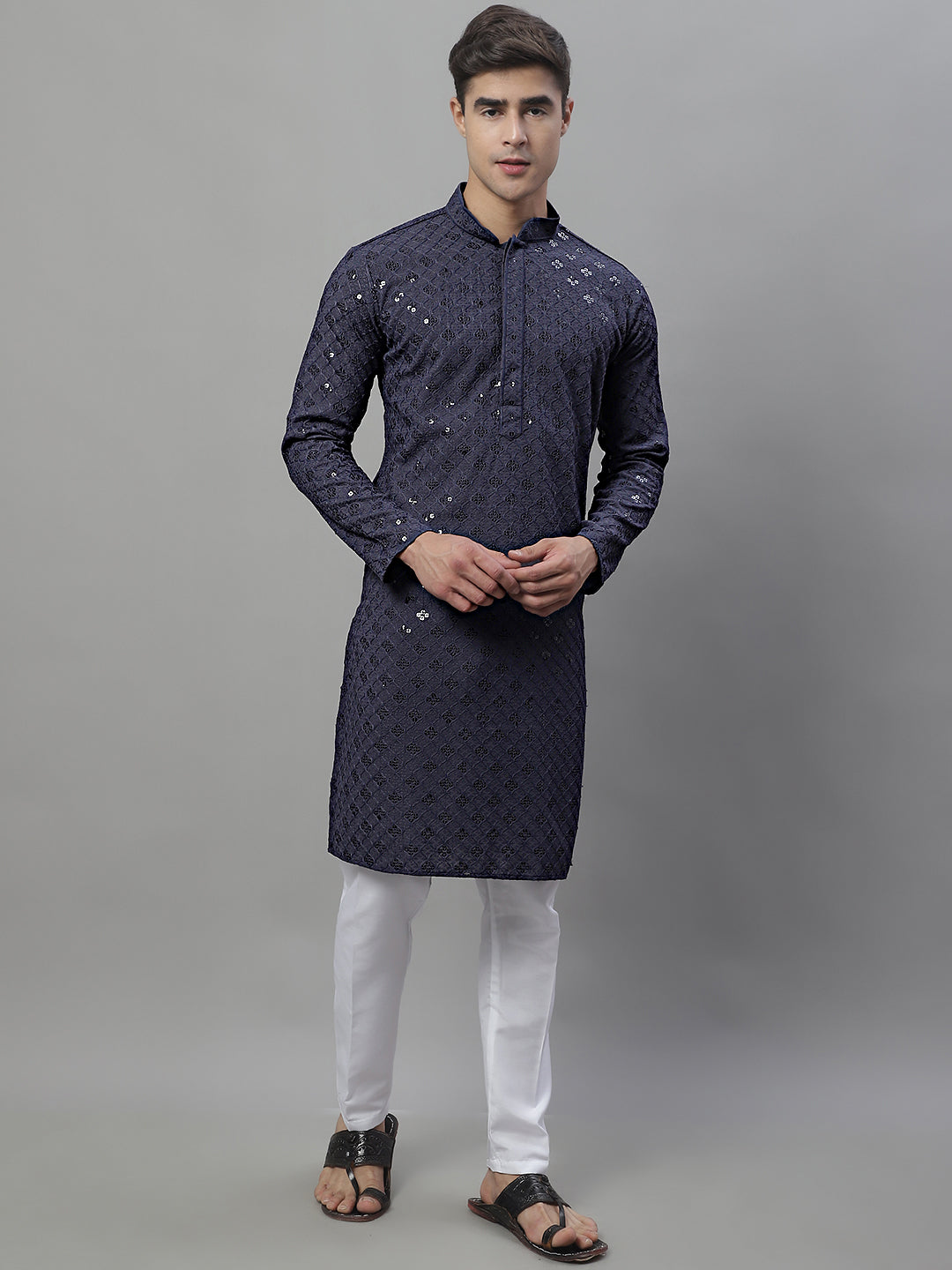Jompers Men's Grey Chikankari Embroidered and Sequence Kurta - Distacart
