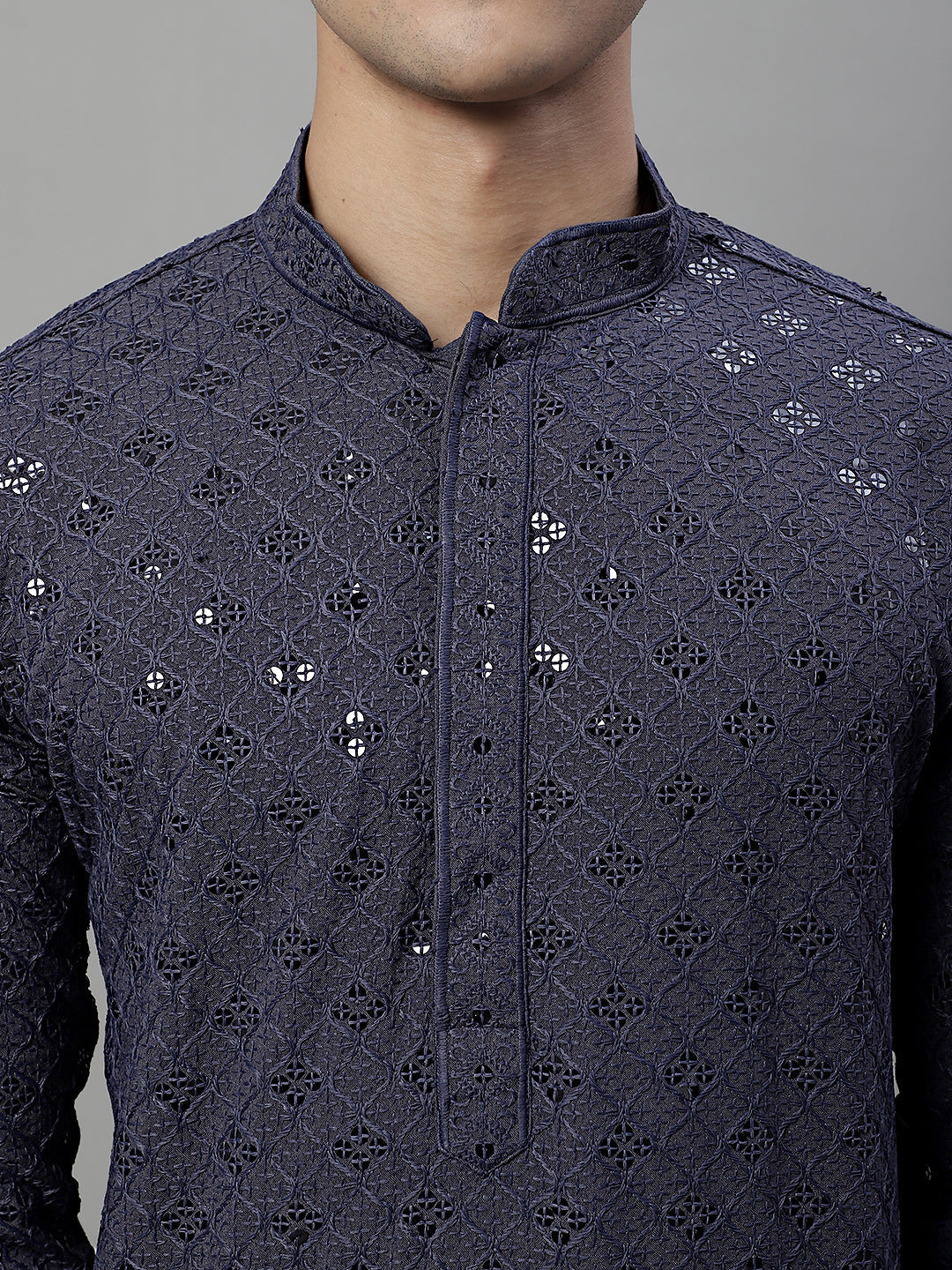 Jompers Men's Grey Chikankari Embroidered and Sequence Kurta - Distacart