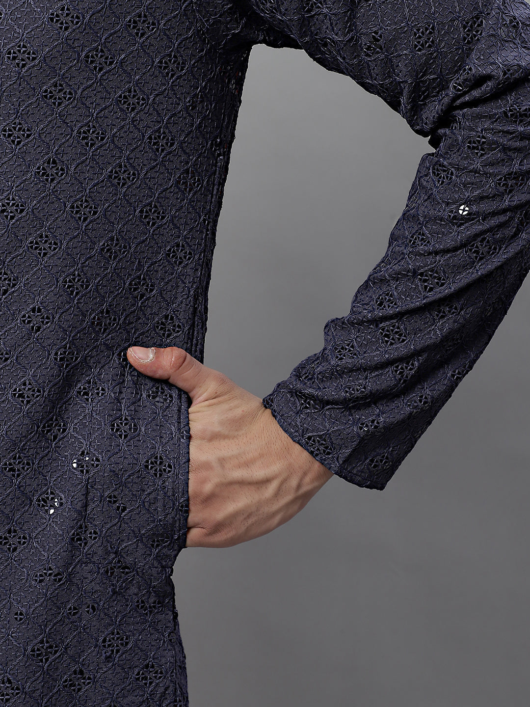 Jompers Men's Grey Chikankari Embroidered and Sequence Kurta - Distacart