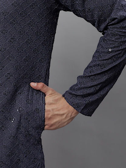 Jompers Men's Grey Chikankari Embroidered and Sequence Kurta - Distacart