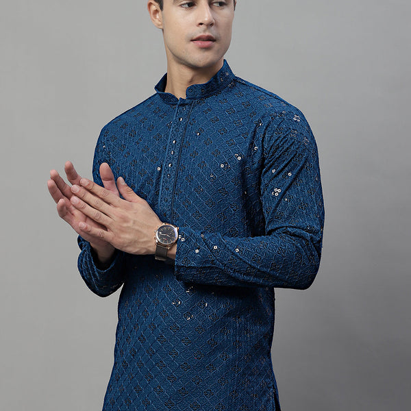 Jompers Men's Peacock Blue Chikankari Embroidered and Sequence Kurta - Distacart
