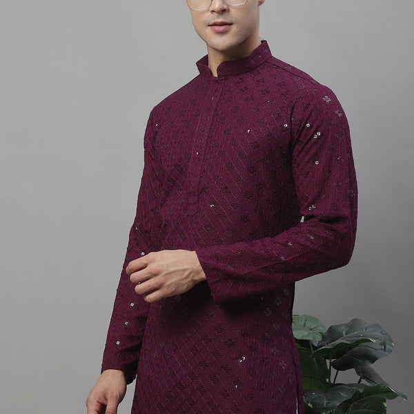 Jompers Men's Purple Chikankari Embroidered and Sequence Kurta - Distacart