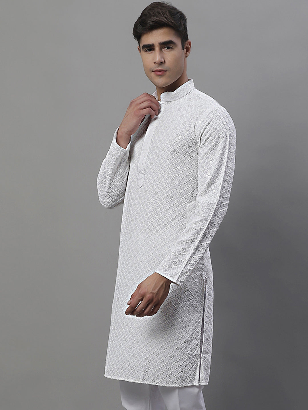 Jompers Men's White Chikankari Embroidered and Sequence Kurta - Distacart
