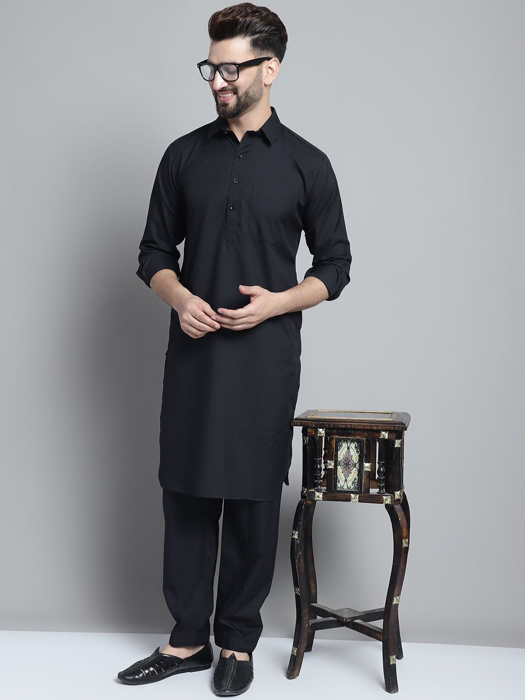 Jompers Men's Black Cotton Solid Pathani Kurta with Salwar - Distacart