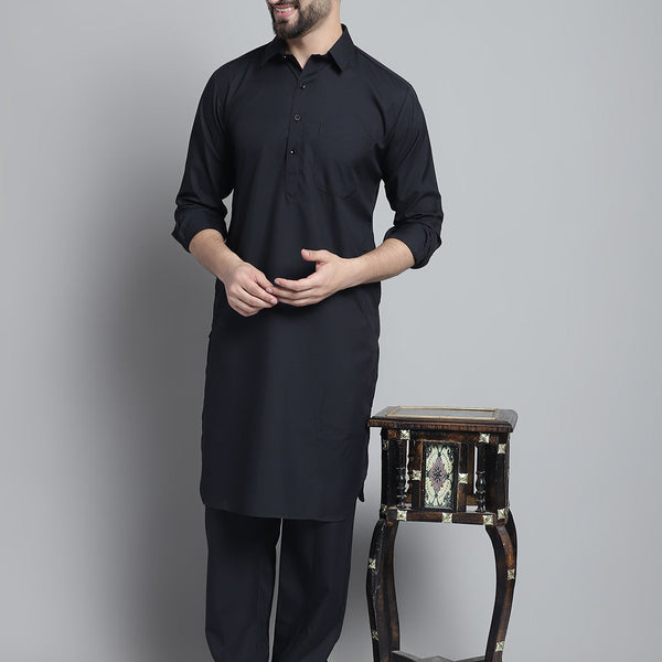 Jompers Men's Black Cotton Solid Pathani Kurta with Salwar - Distacart