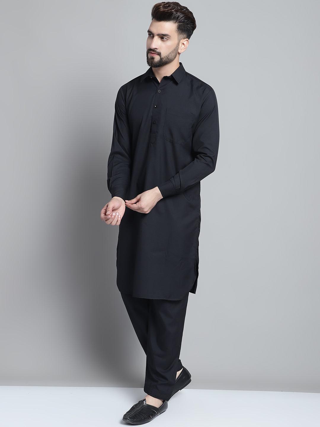 Jompers Men's Black Cotton Solid Pathani Kurta with Salwar - Distacart