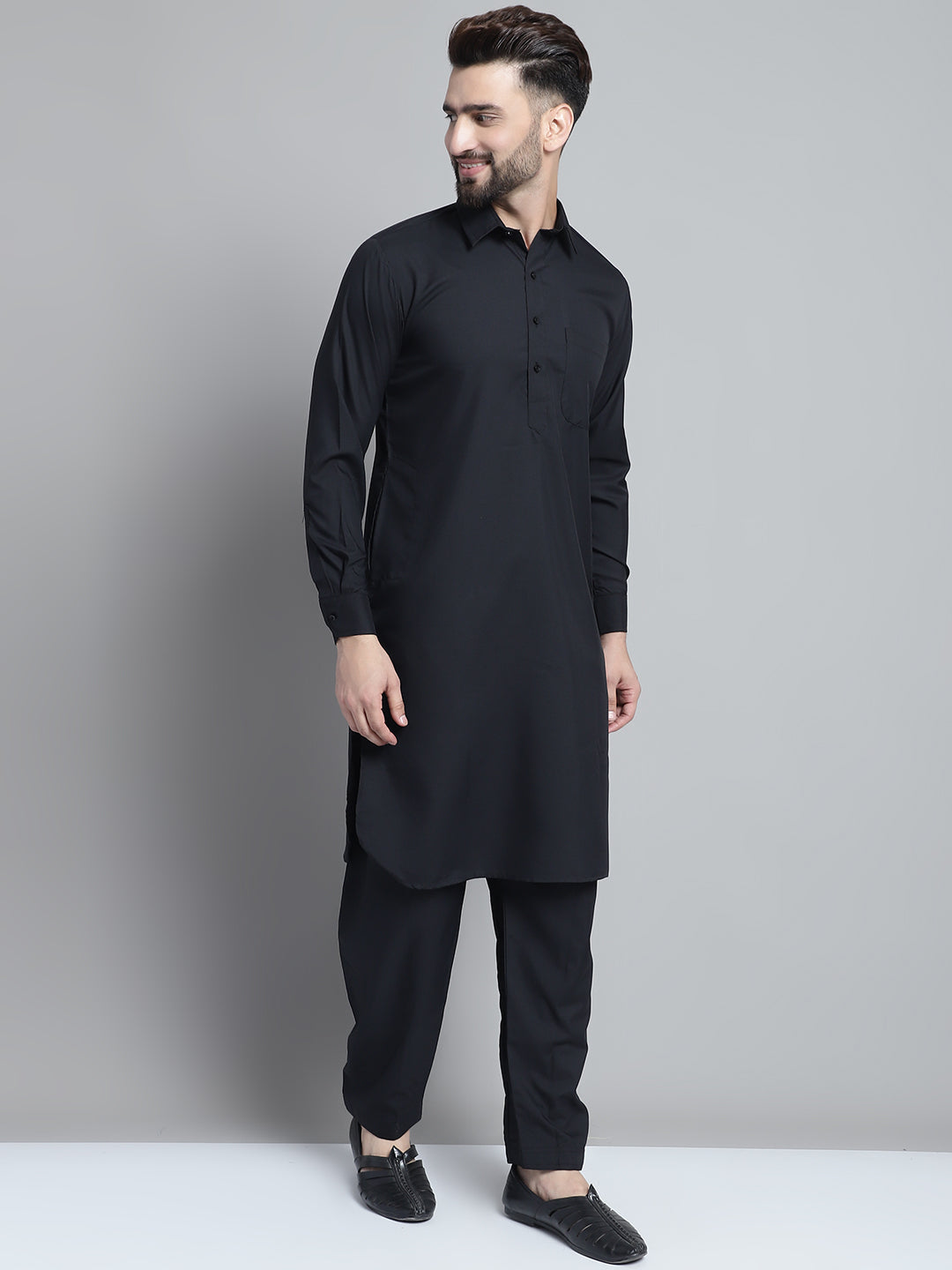 Jompers Men's Black Cotton Solid Pathani Kurta with Salwar - Distacart
