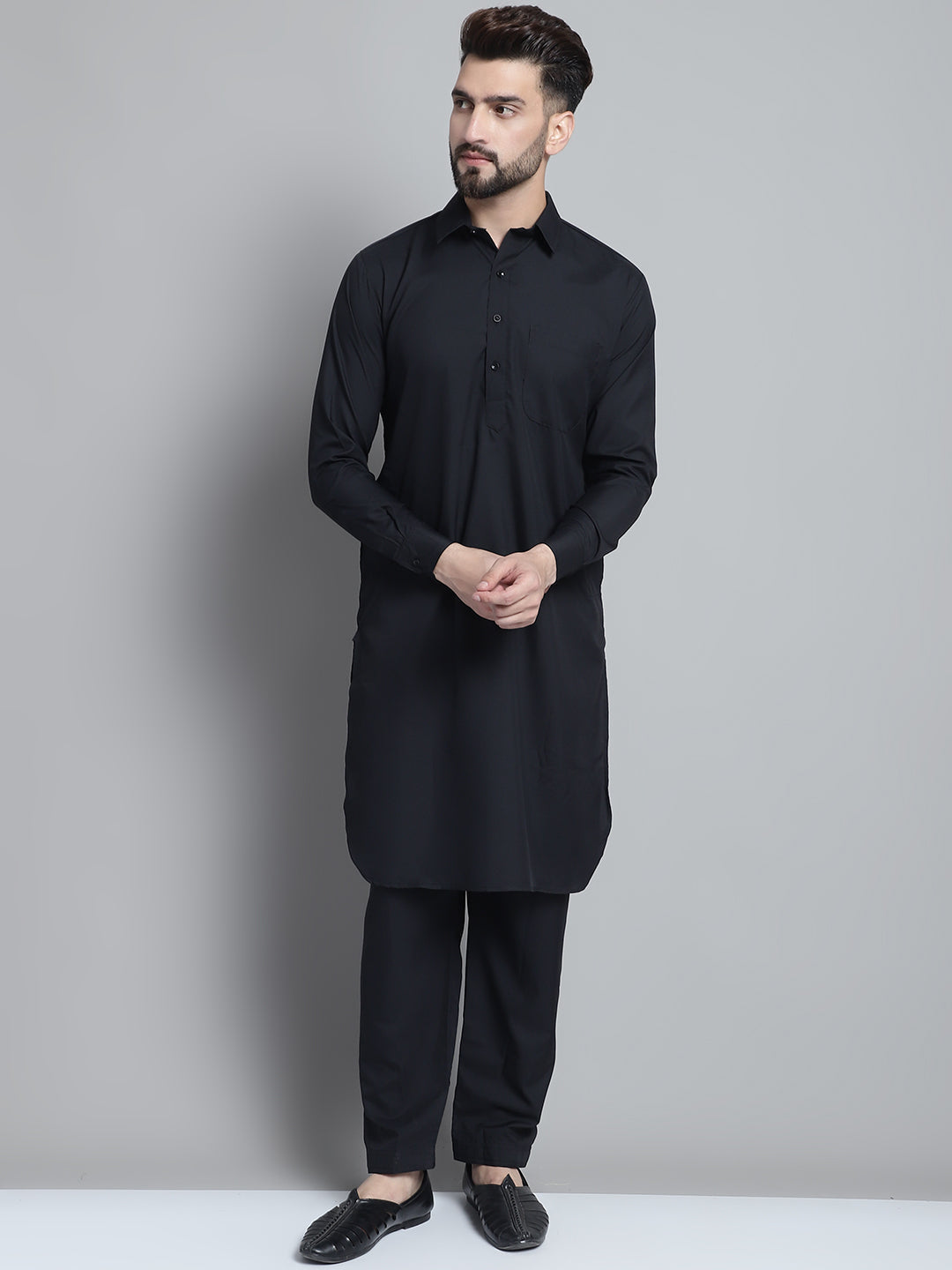Jompers Men's Black Cotton Solid Pathani Kurta with Salwar - Distacart