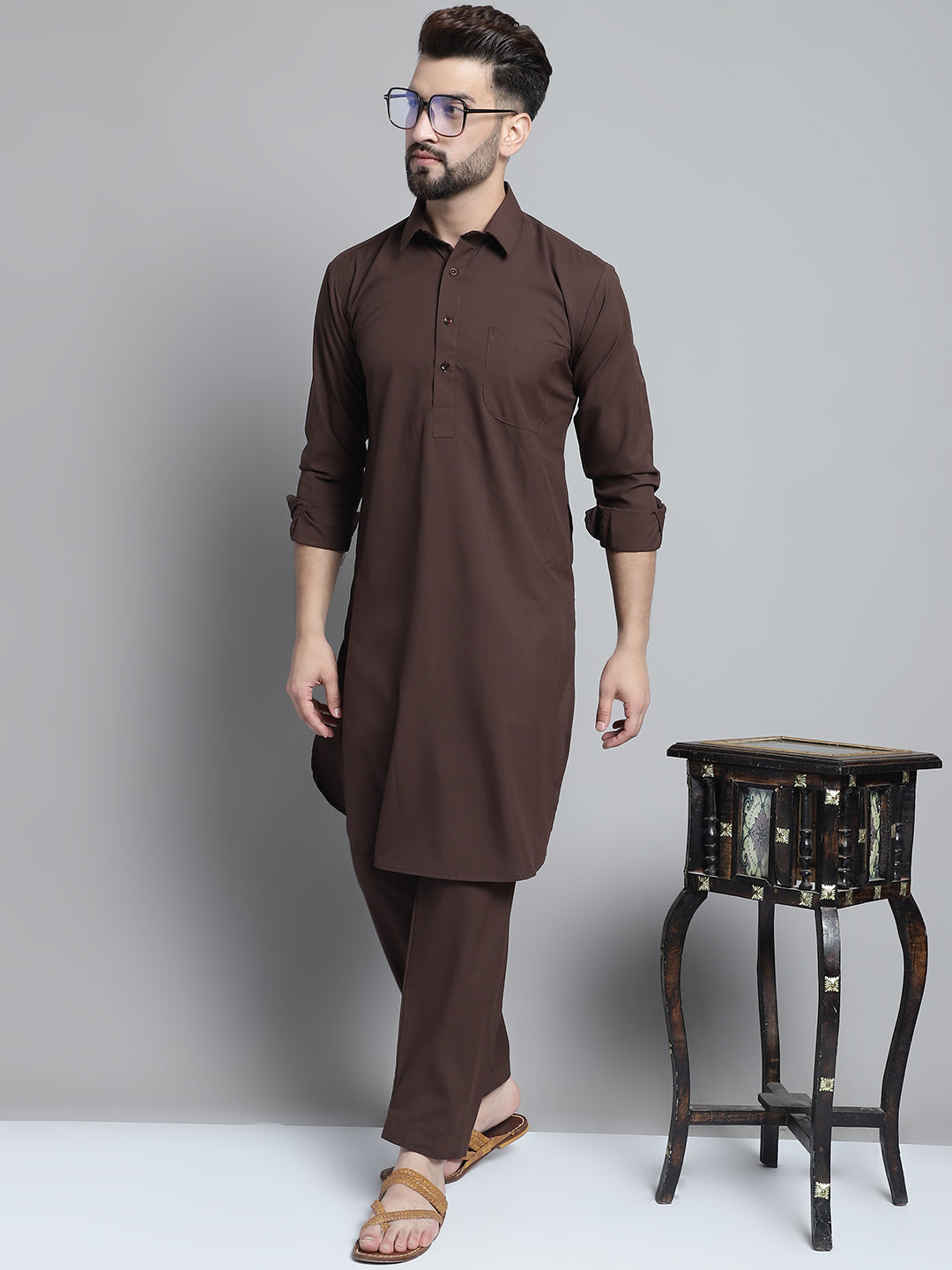 Jompers Men's Coffee Brown Cotton Solid Pathani Kurta with Salwar - Distacart