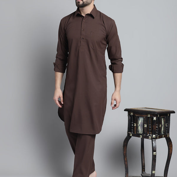 Jompers Men's Coffee Brown Cotton Solid Pathani Kurta with Salwar - Distacart