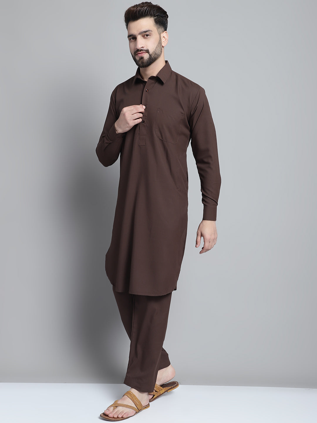 Jompers Men's Coffee Brown Cotton Solid Pathani Kurta with Salwar - Distacart