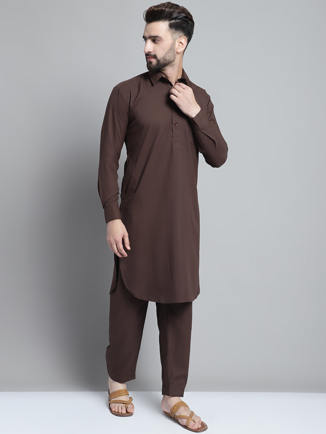 Jompers Men's Coffee Brown Cotton Solid Pathani Kurta with Salwar - Distacart