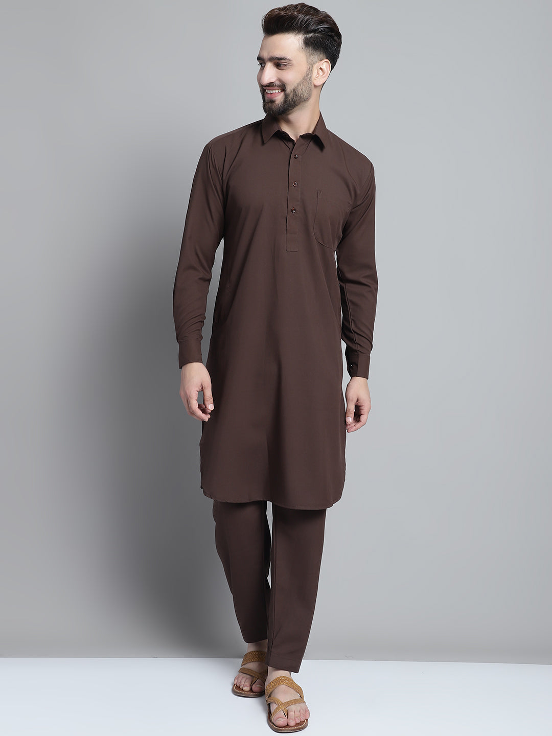Jompers Men's Coffee Brown Cotton Solid Pathani Kurta with Salwar - Distacart