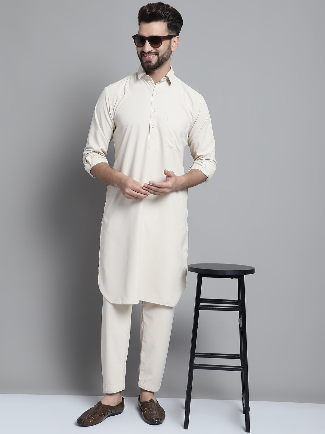 Jompers Men's Cream Cotton Solid Pathani Kurta with Salwar - Distacart