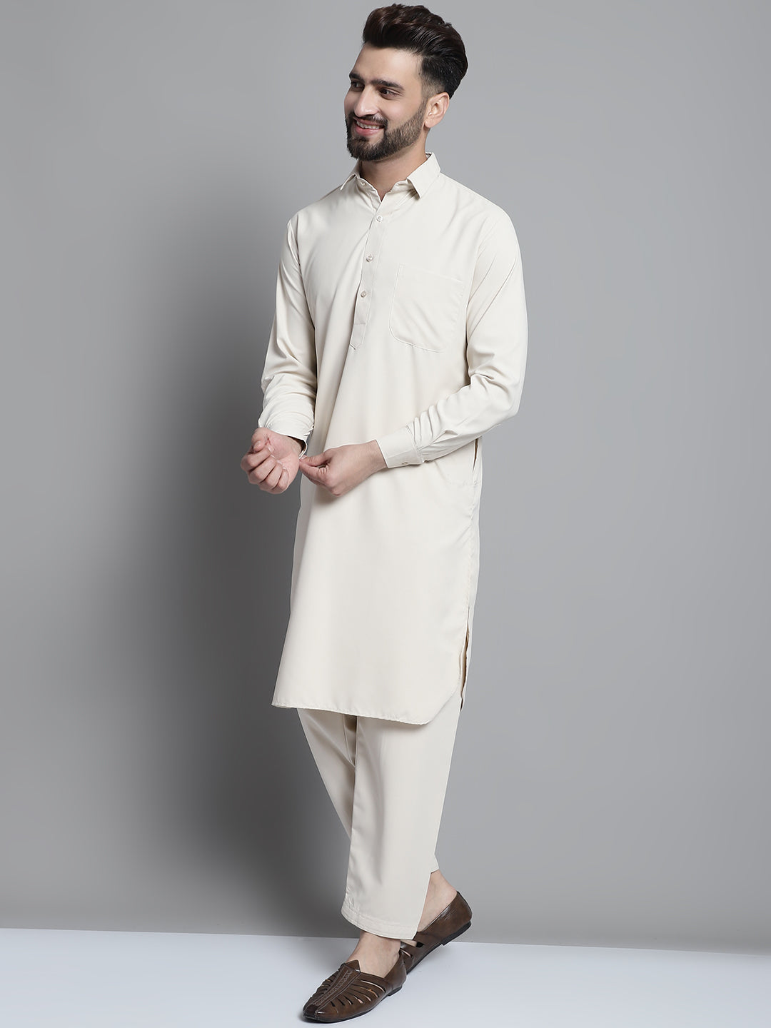 Jompers Men's Cream Cotton Solid Pathani Kurta with Salwar - Distacart