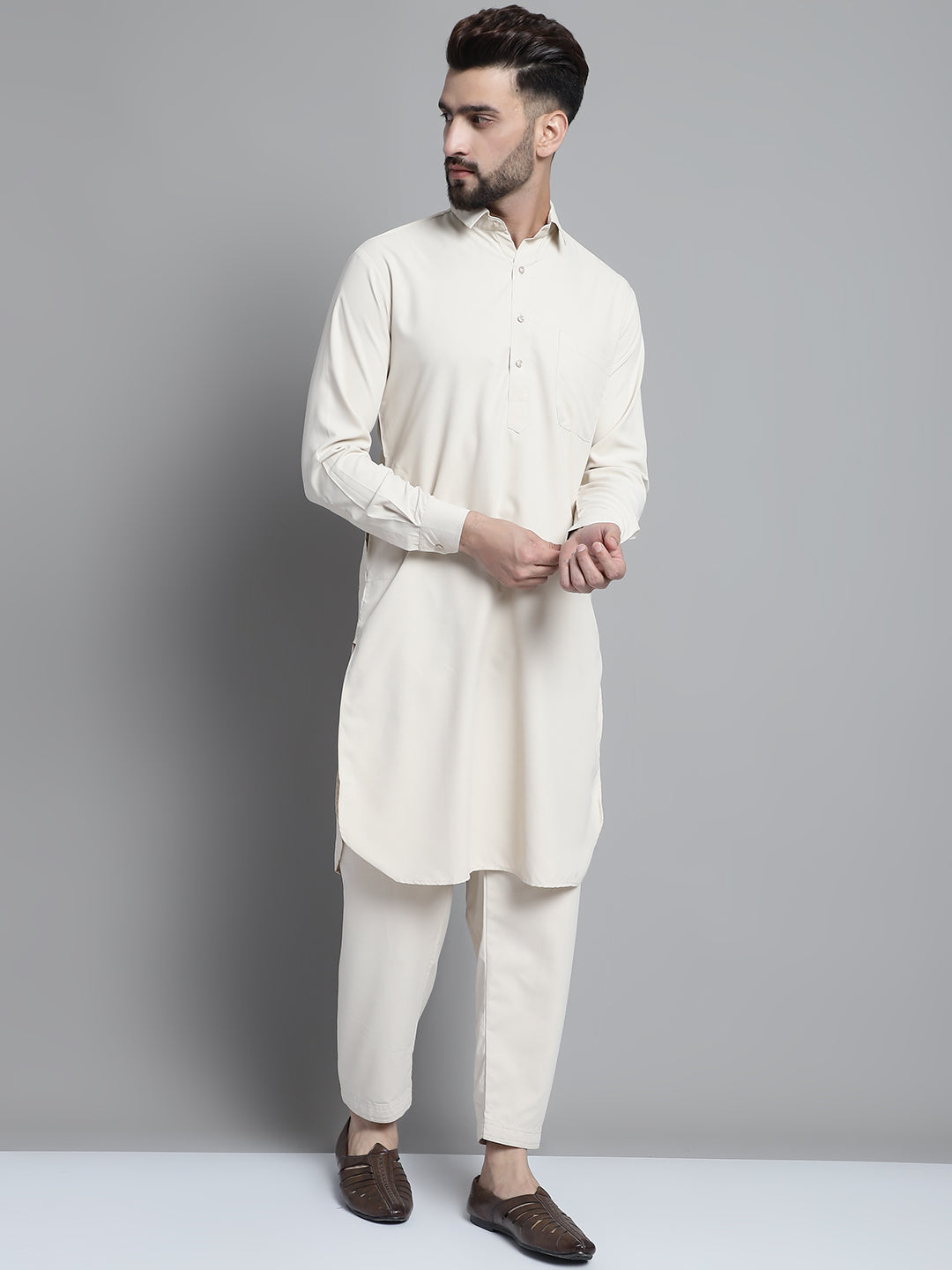 Jompers Men's Cream Cotton Solid Pathani Kurta with Salwar - Distacart
