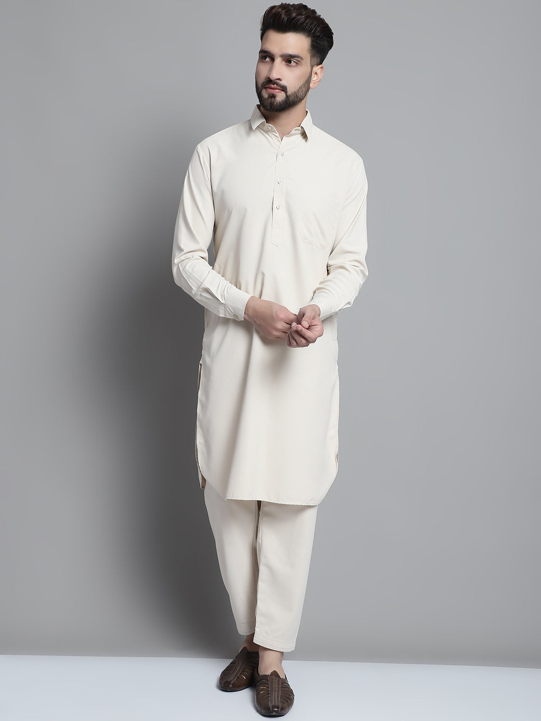 Jompers Men's Cream Cotton Solid Pathani Kurta with Salwar - Distacart