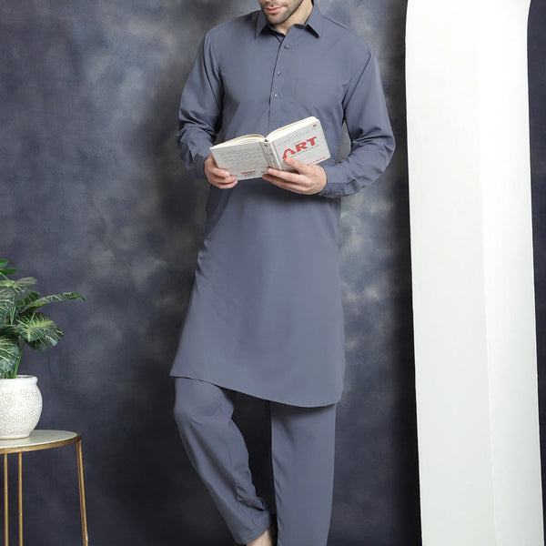 Jompers Men's Solid Pathani Kurta with Salwar - Grey - Distacart