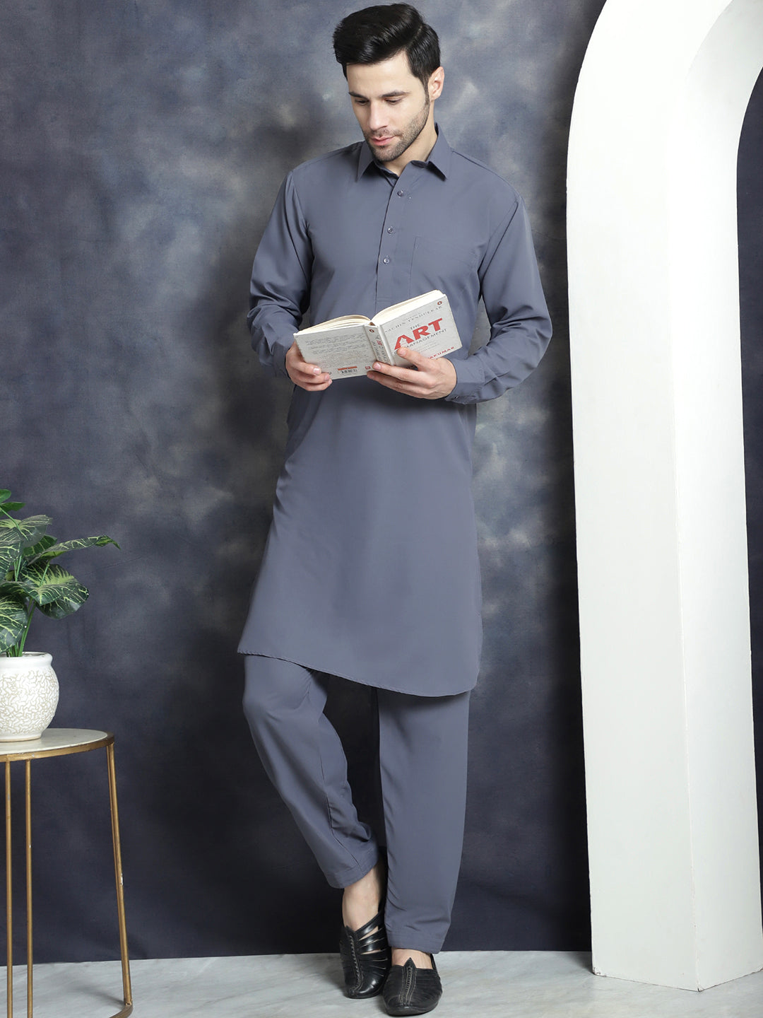 Jompers Men's Solid Pathani Kurta with Salwar - Grey - Distacart