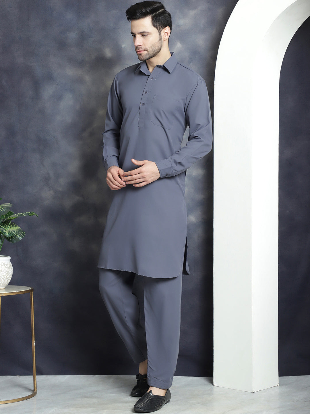 Jompers Men's Solid Pathani Kurta with Salwar - Grey - Distacart