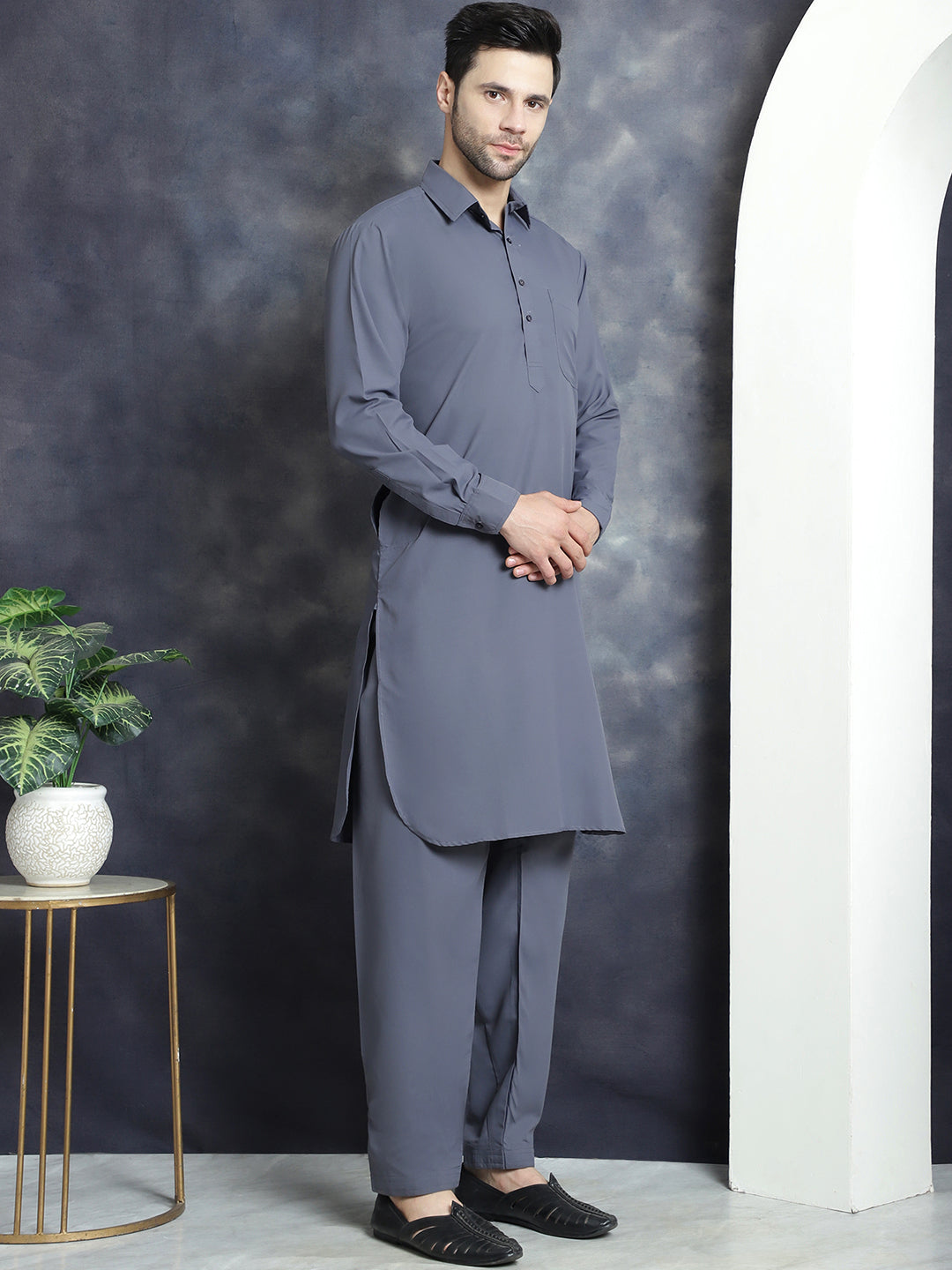 Jompers Men's Solid Pathani Kurta with Salwar - Grey - Distacart