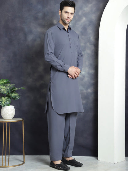 Jompers Men's Solid Pathani Kurta with Salwar - Grey - Distacart